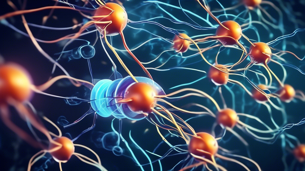 An illustration of an abstract concept of electrochemical reactions, with ions flowing through a membrane and creating an electric current.