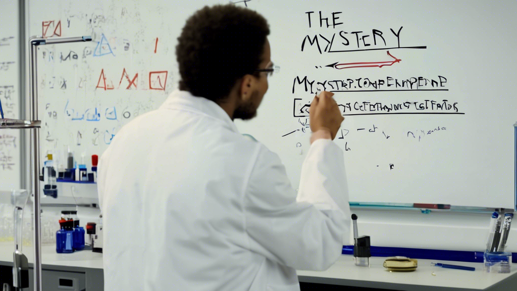 A laboratory setting with a chemist looking at a chemical substance in a test tube with Identify the Mystery Compound written on a whiteboard behind them.