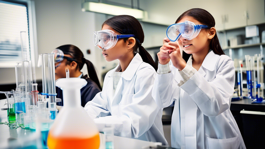 A laboratory setting with students wearing safety goggles and lab coats, conducting a chemistry experiment involving liquids and test tubes, with a focus o